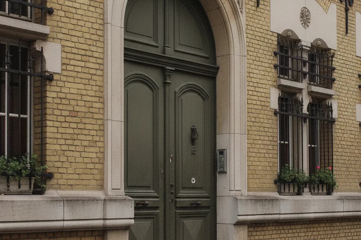 Porte d’entrée en bois à deux vantaux dans une façade de brique à chaînage de pierre, faubourg d’Amiens