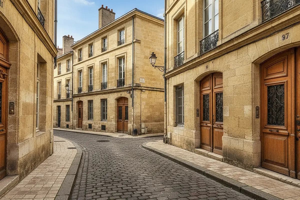 Rue des Chartrons à Bordeaux, façades en pierre blonde et portes d’immeuble sur rue