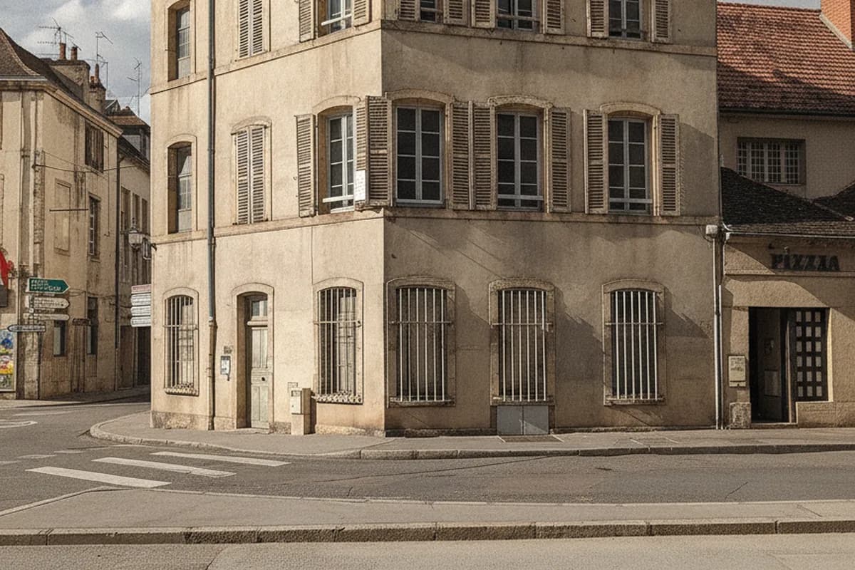Immeuble dijonnais en pierre de Bourgogne et sa porte d’entrée sur rue, centre de Dijon