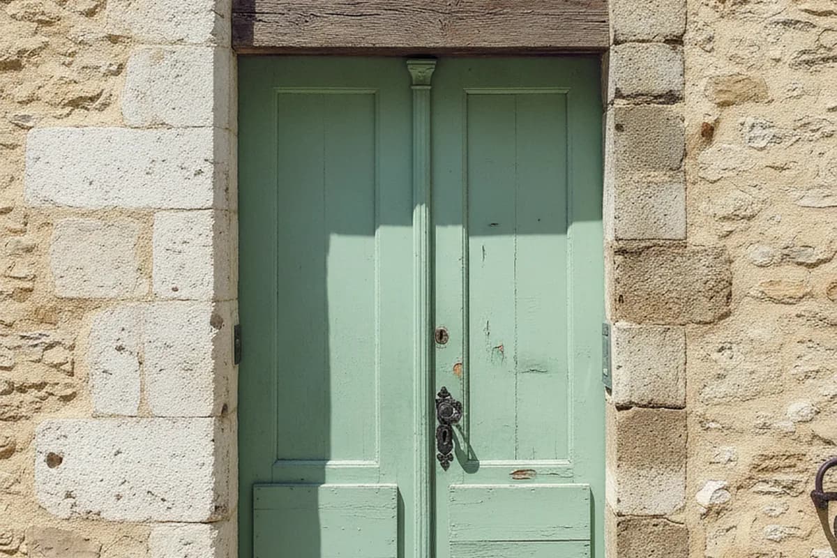 Porte d’entrée à deux vantaux en encadrement de tuffeau, ruelle de la Cité Plantagenêt au Mans