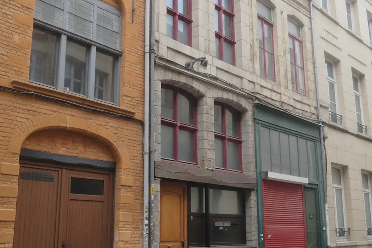 Rue du Vieux Faubourg à Lille, maisons de ville en brique rouge et portes d’entrée sur rue