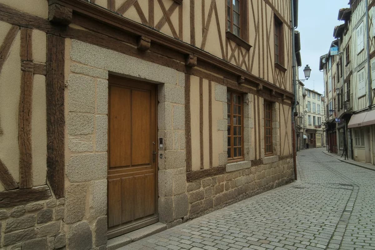 Porte d’entrée en bois dans un encadrement de granit, façade à pans de bois d’une ruelle du vieux Limoges