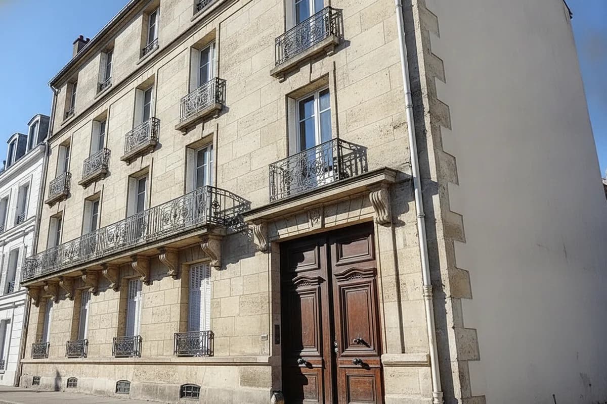 Immeuble de rapport en pierre calcaire du centre-ville de Saint-Denis, porte d’entrée en bois foncé à deux vantaux surmontée d’un balcon en ferronnerie
