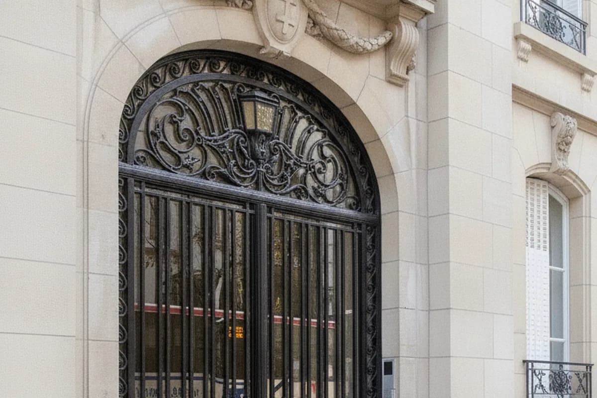 Porte cochère en fer forgé d’un immeuble en grès de la Neustadt à Strasbourg