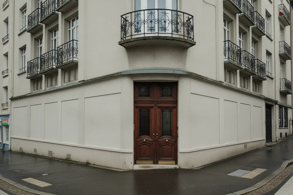Porte d’entrée d’immeuble en bois sombre, façade enduite de la Reconstruction à Brest Porte d’entrée d’immeuble en bois sombre, façade enduite de la Reconstruction à Brest