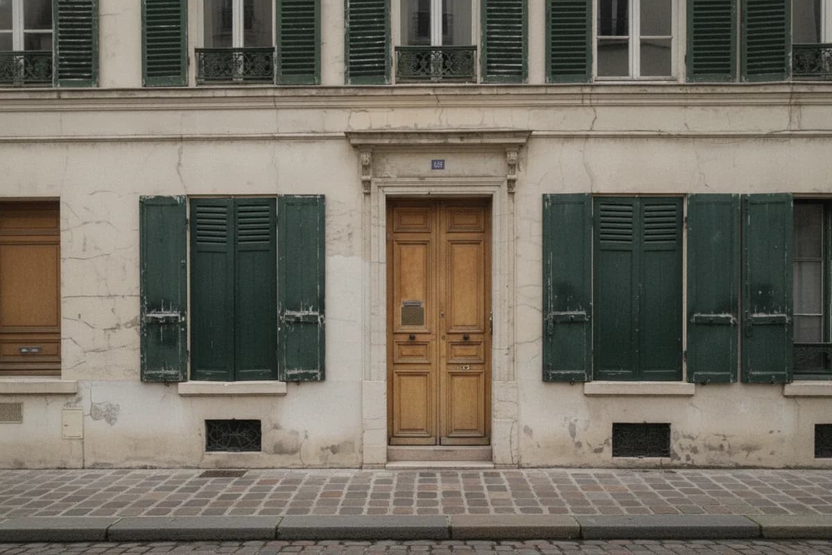 Porte d’entrée en bois à deux battants d’une maison de faubourg du Bas-Montreuil, volets bois vert foncé et façade en enduit clair fissuré au-dessus d’un trottoir pavé Porte d’entrée en bois à deux battants d’une maison de faubourg du Bas-Montreuil, volets bois vert foncé et façade en enduit clair fissuré au-dessus d’un trottoir pavé