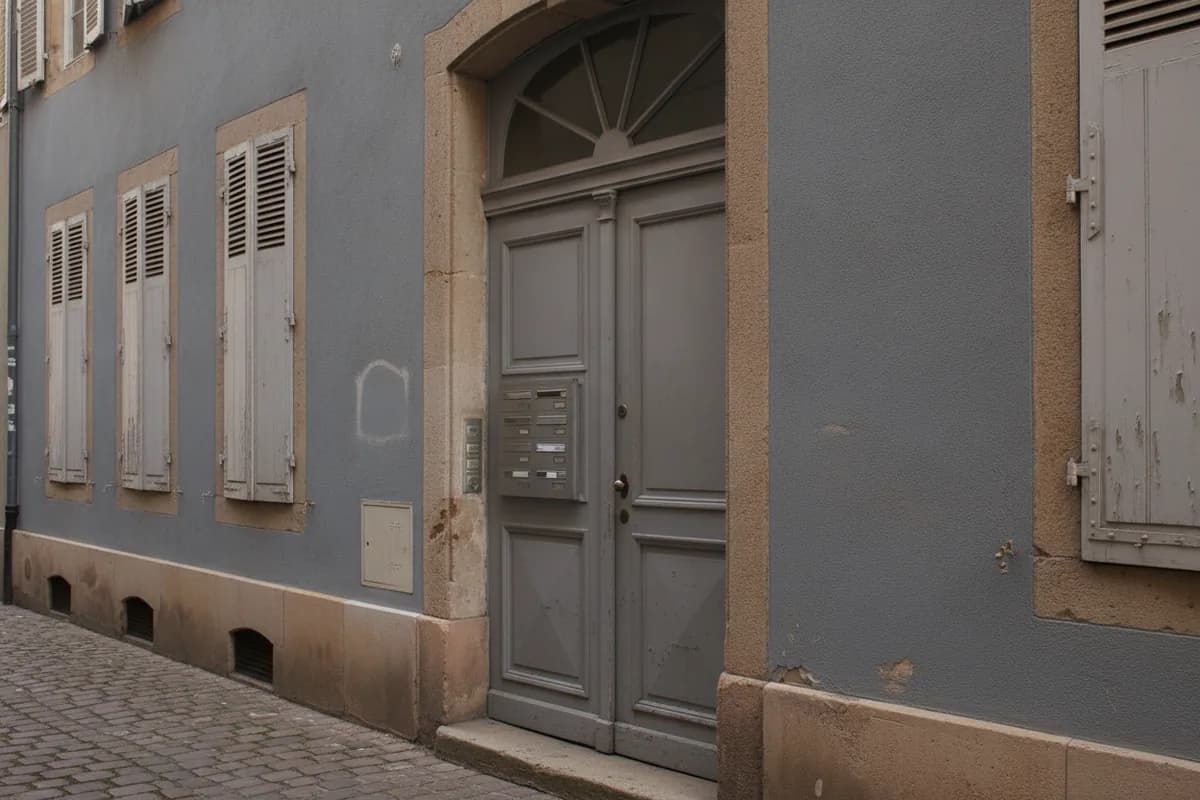 Porte d’entrée en bois peint gris à deux battants avec imposte en éventail dans une ruelle de Mulhouse, platine de boîtes aux lettres encastrée et encadrement en grès Porte d’entrée en bois peint gris à deux battants avec imposte en éventail dans une ruelle de Mulhouse, platine de boîtes aux lettres encastrée et encadrement en grès