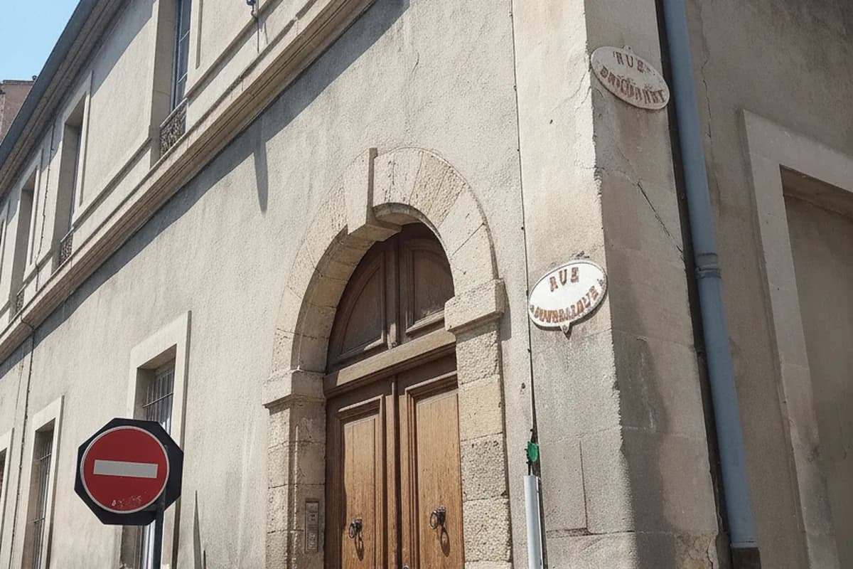 Immeuble de ville en pierre claire et sa porte d’entrée sur rue, centre ancien de Nîmes Immeuble de ville en pierre claire et sa porte d’entrée sur rue, centre ancien de Nîmes
